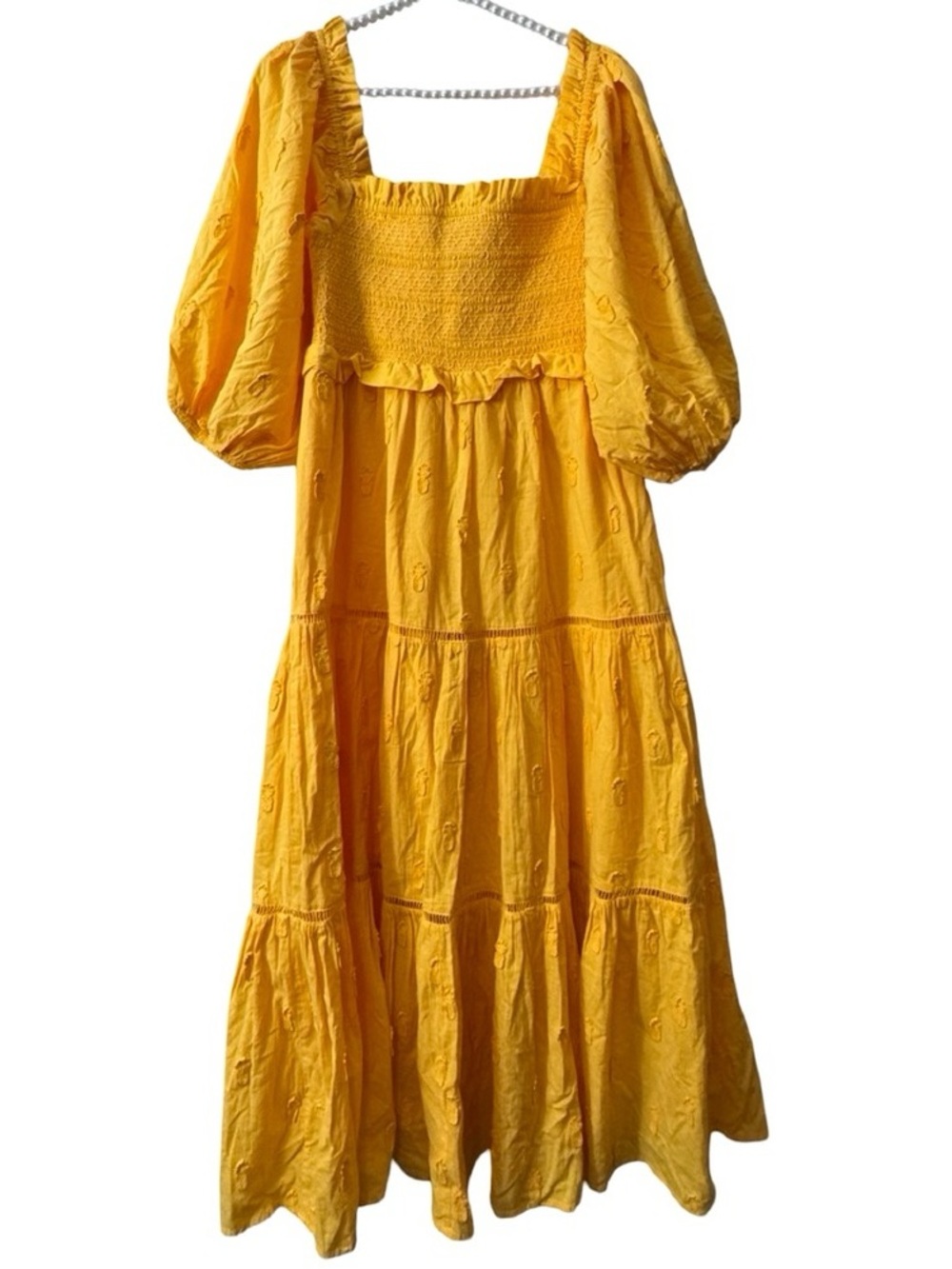 FARM Rio Embroidered Pineapple Dress Puffed Sleeve Tiered Skirt Smocked Bodice - Picture 5 of 14